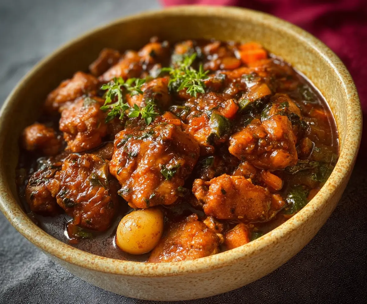 Delicious boneless brown stew chicken served with flavorful sauce and fresh vegetables.
