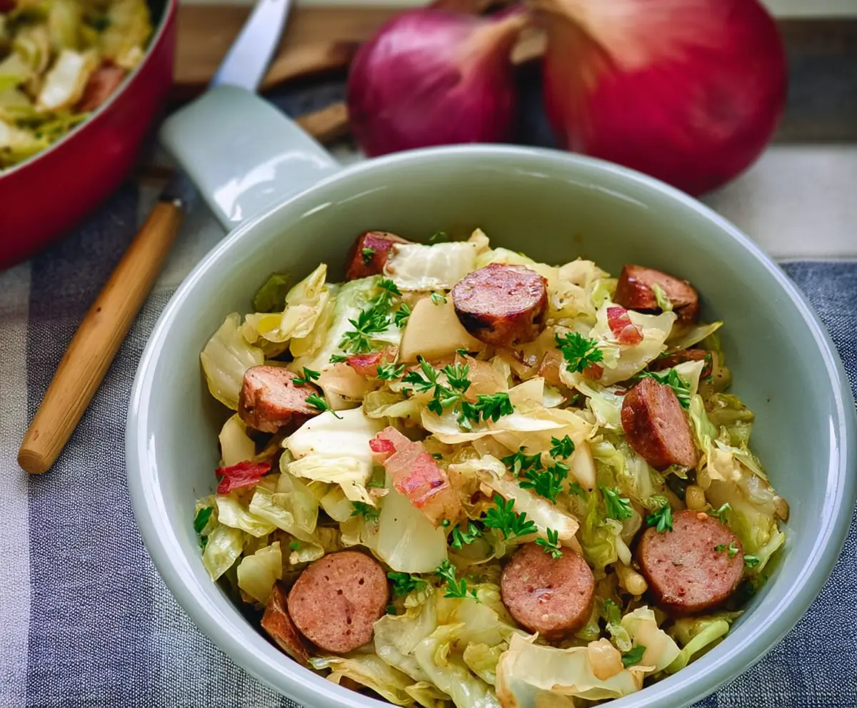 Delicious cabbage and sausage side dish served on a plate, perfect for a hearty meal.