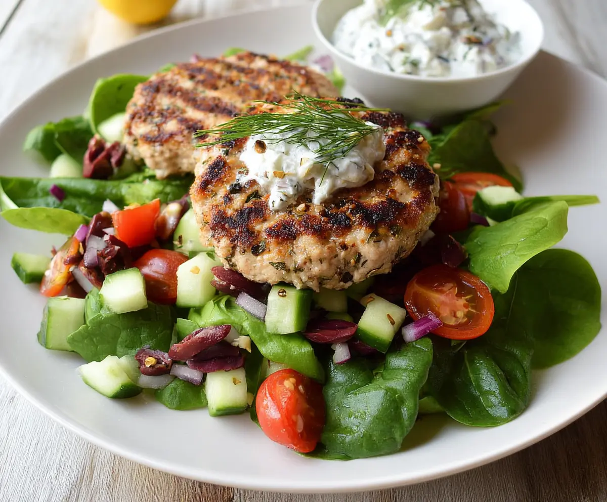 Juicy Mediterranean chicken patties served with creamy tzatziki sauce on a rustic plate.
