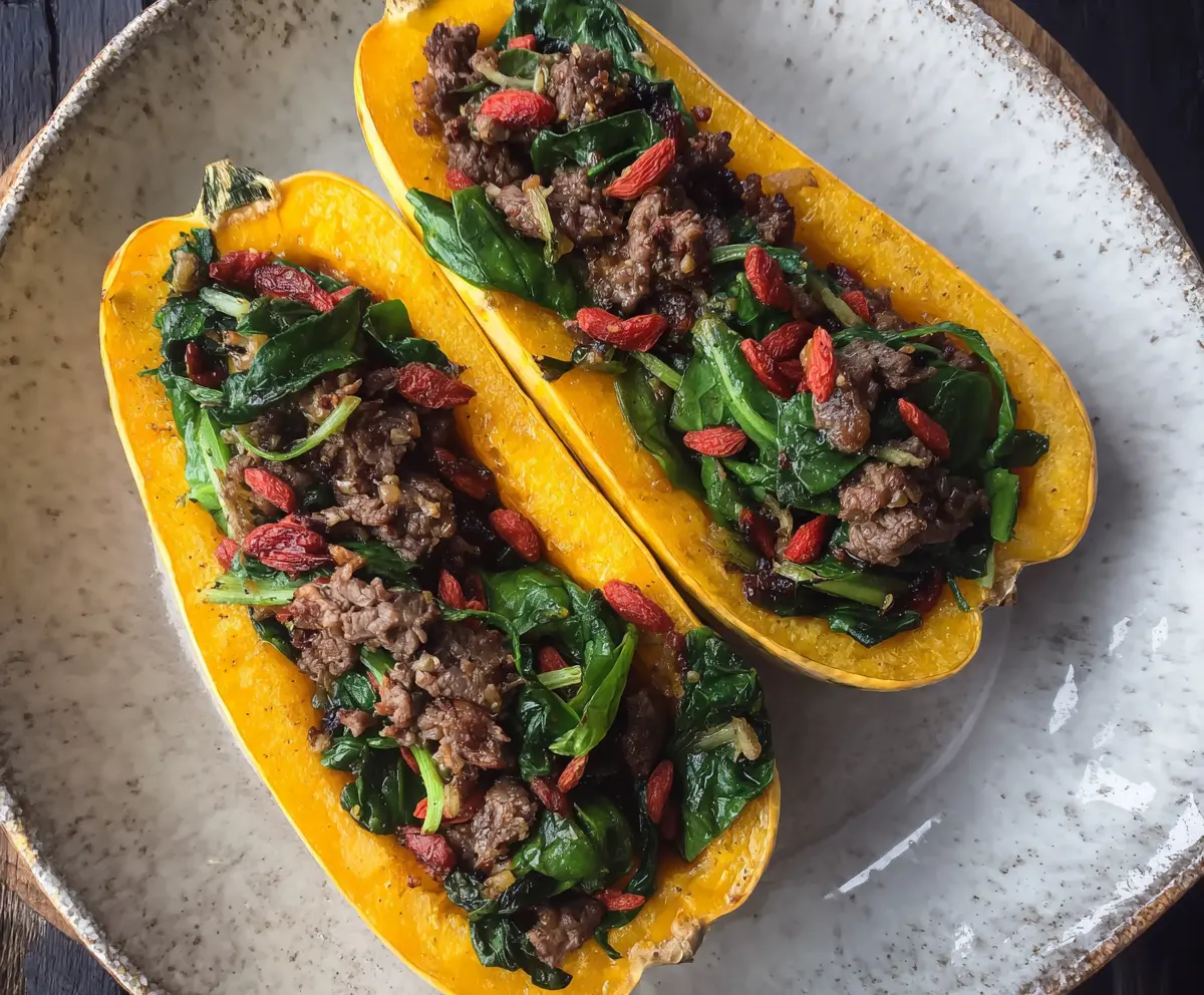 Stuffed Delicata Squash with Venison, Goji Berries & Spinach