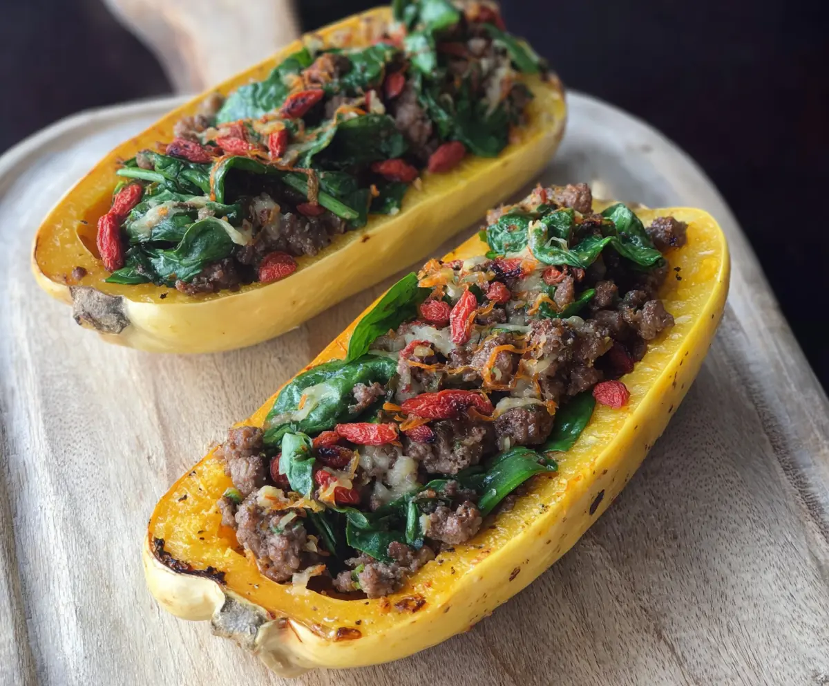 Delicata squash stuffed with venison, goji berries, and spinach, showcasing a healthy, gourmet dish.