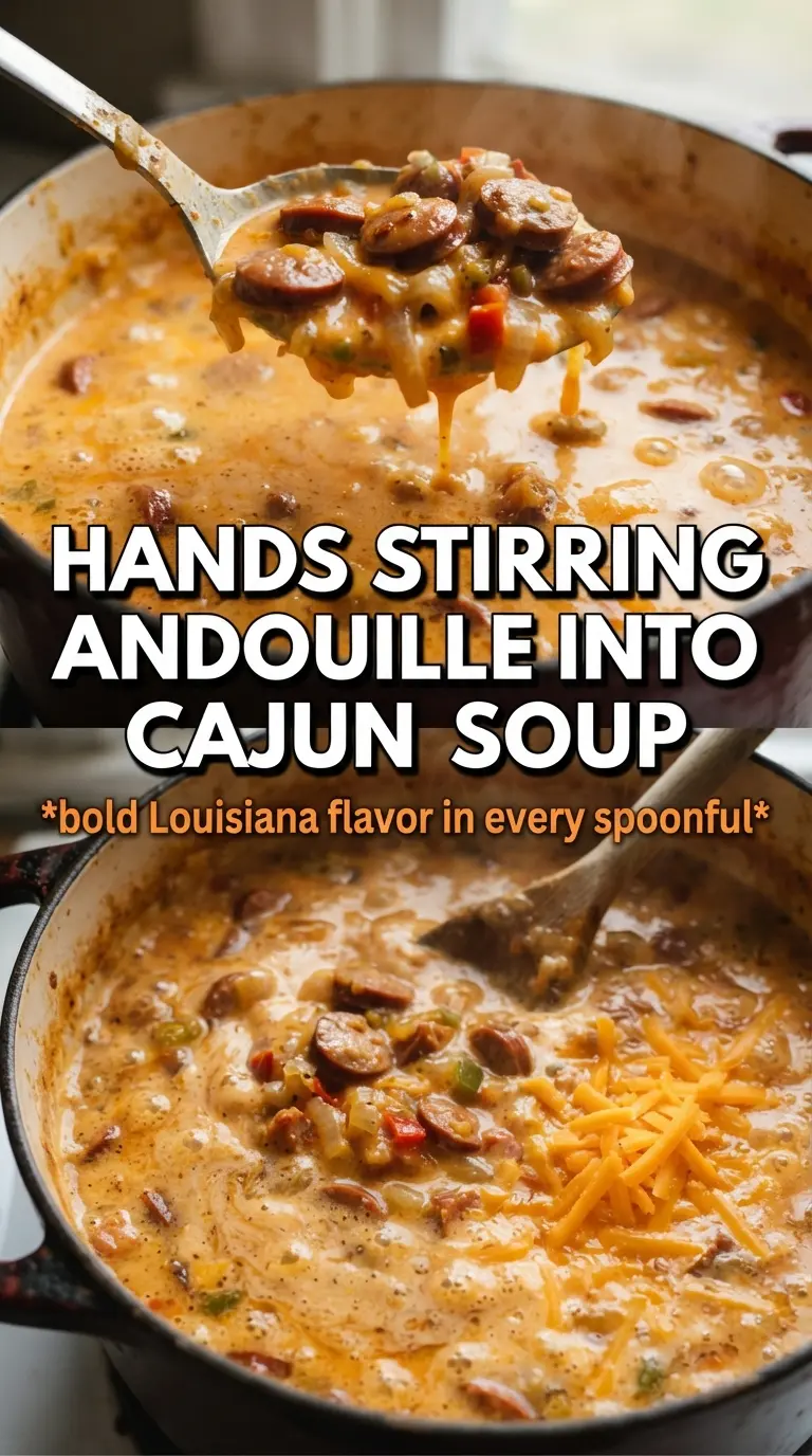 Cajun potato soup with andouille sausage and cheddar cream, smoky, creamy, hearty