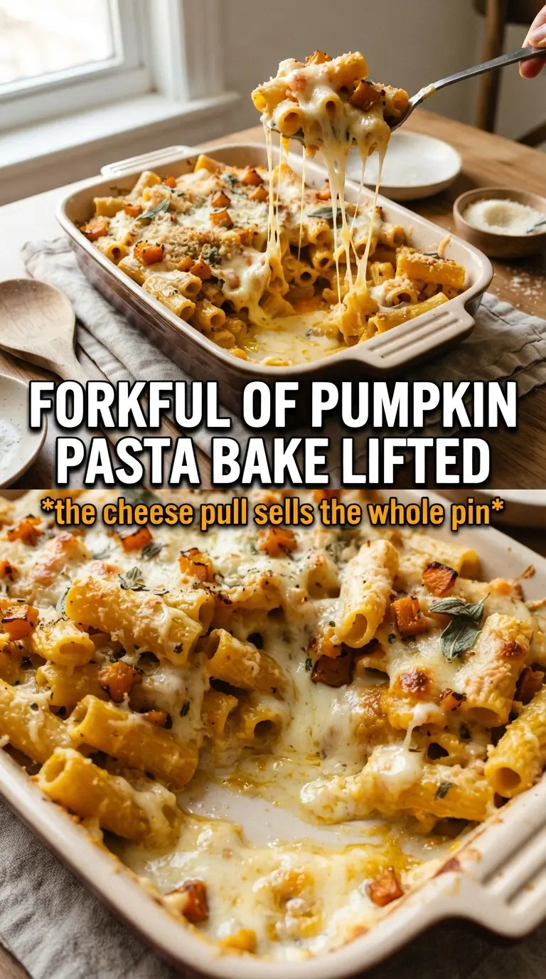 Cheesy Pumpkin Pasta Bake with sausage, creamy pumpkin sauce, golden cheese crust