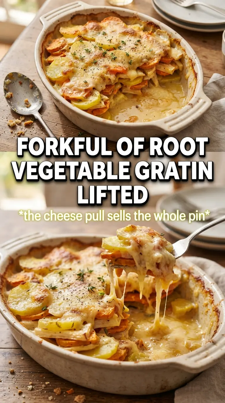 Cheesy Root Vegetable Gratin golden bubbling layered