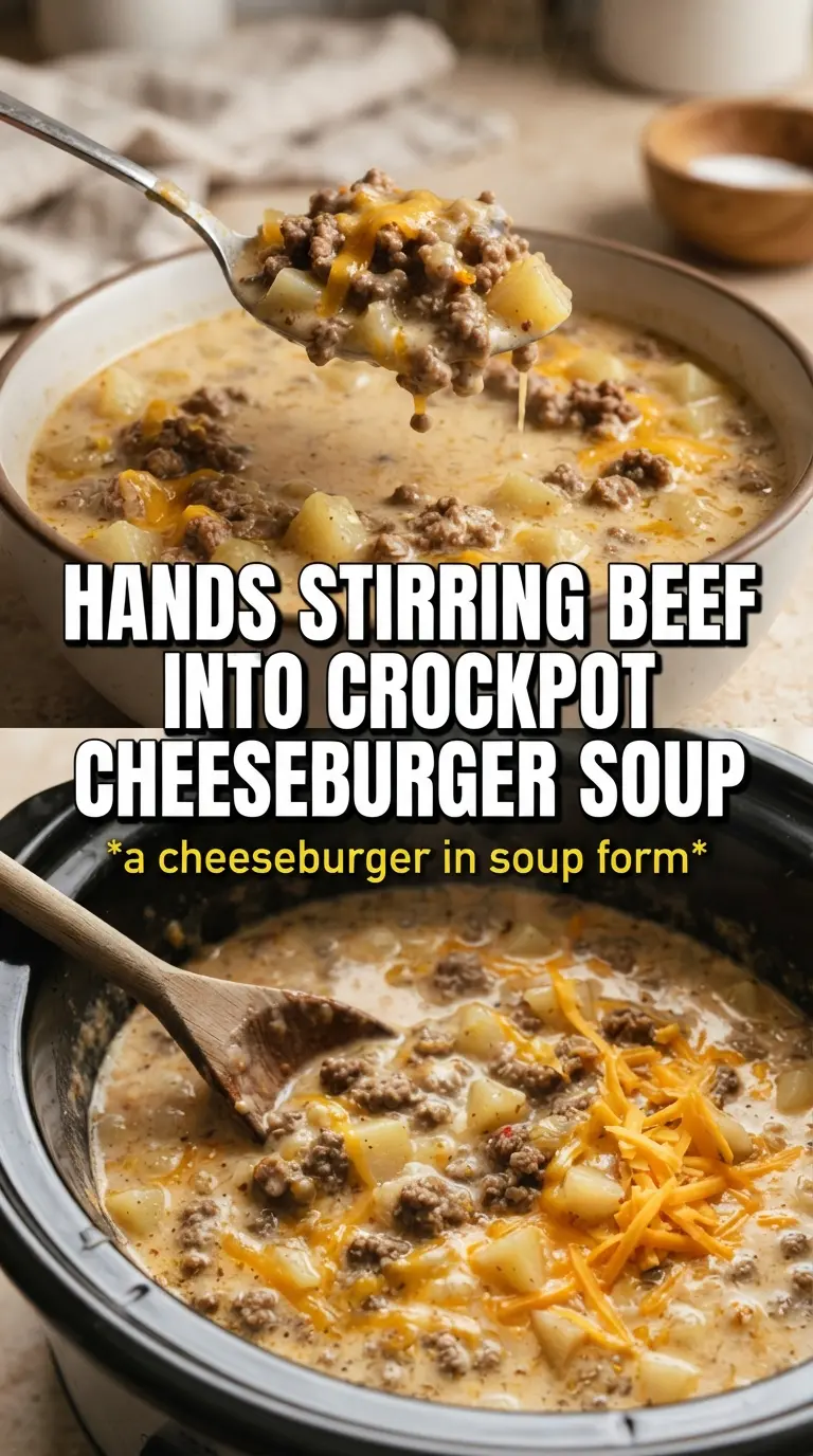 Creamy Crockpot Cheeseburger Potato Soup cheesy hearty pickles