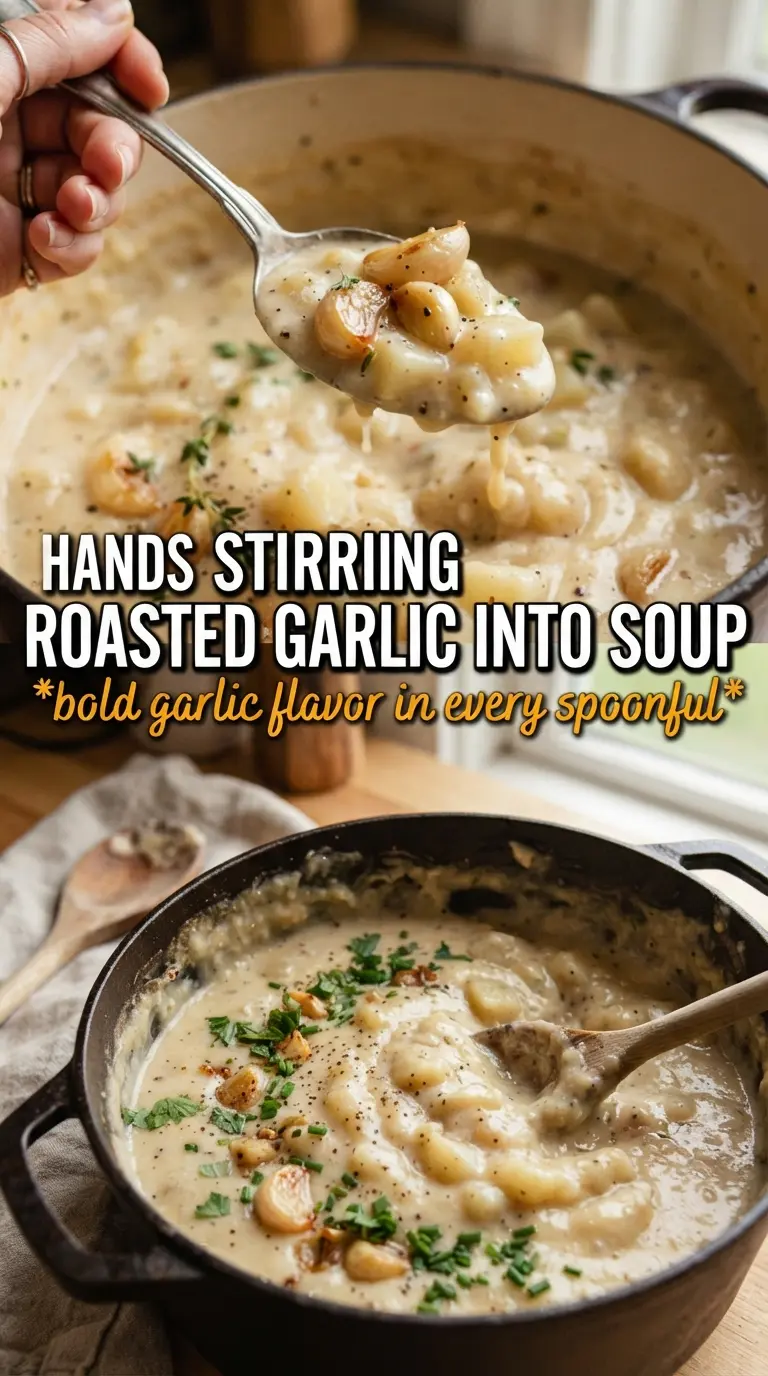 Creamy Garlic Potato Soup silky roasted garlic, chives, croutons