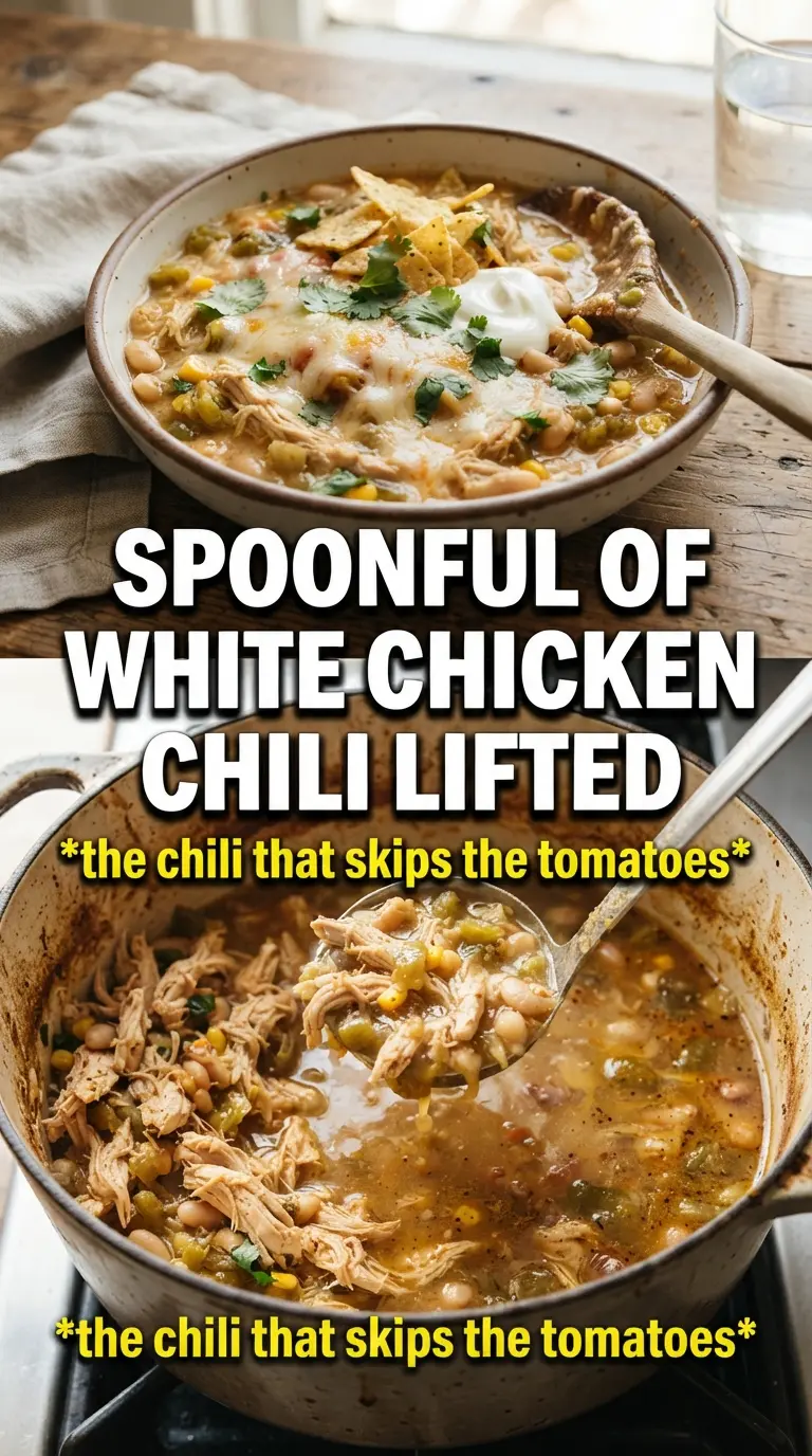 White Chicken Chili creamy golden broth, shredded chicken, beans