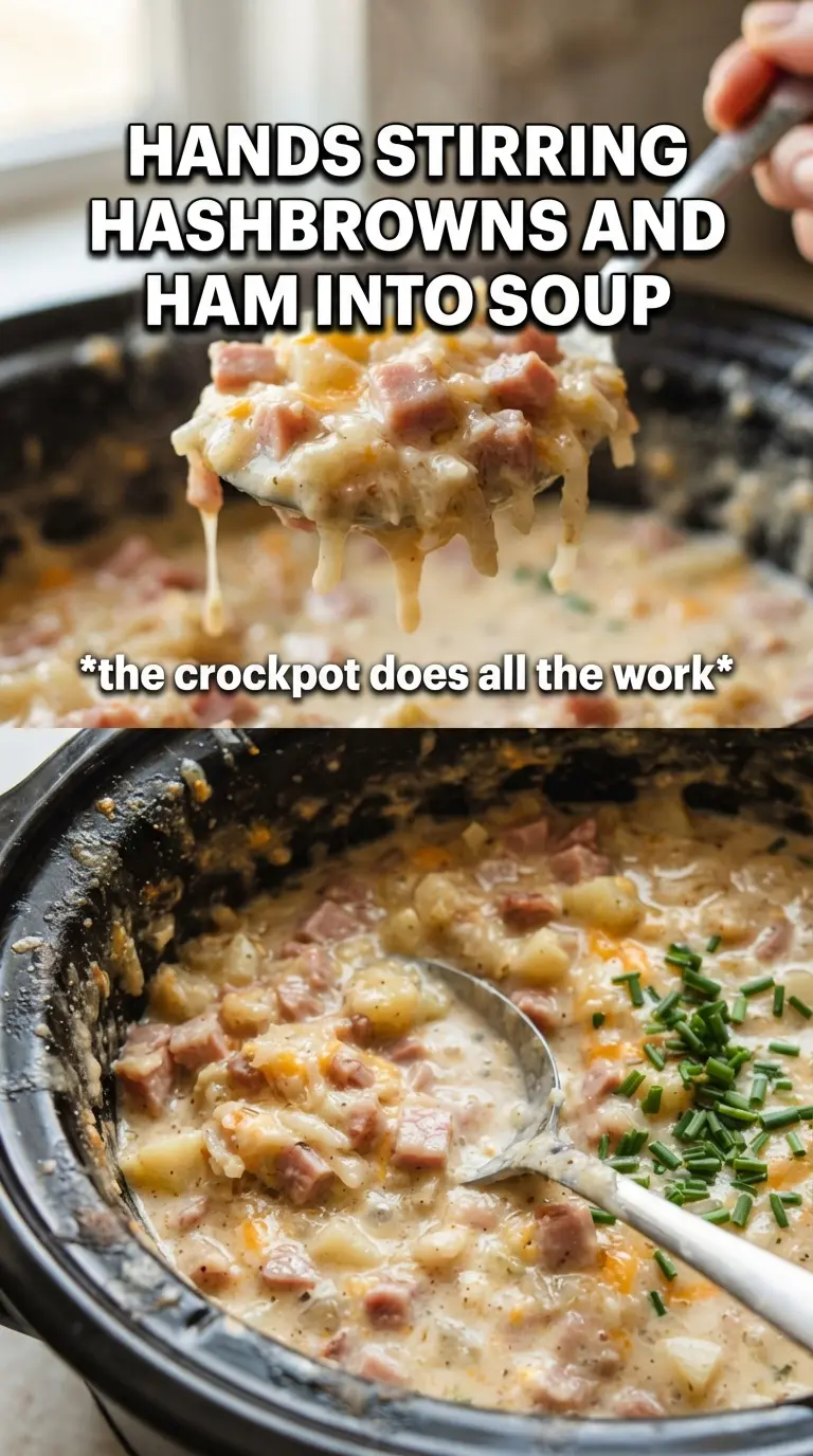 Crockpot potato soup with hashbrowns and ham, creamy hearty cheddar