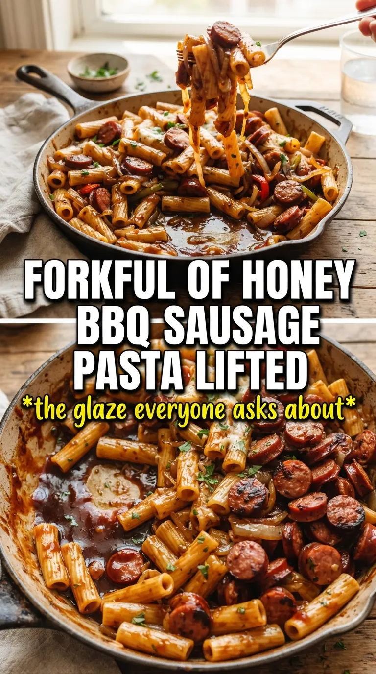 Honey BBQ Sausage Pasta glossy caramelized comforting