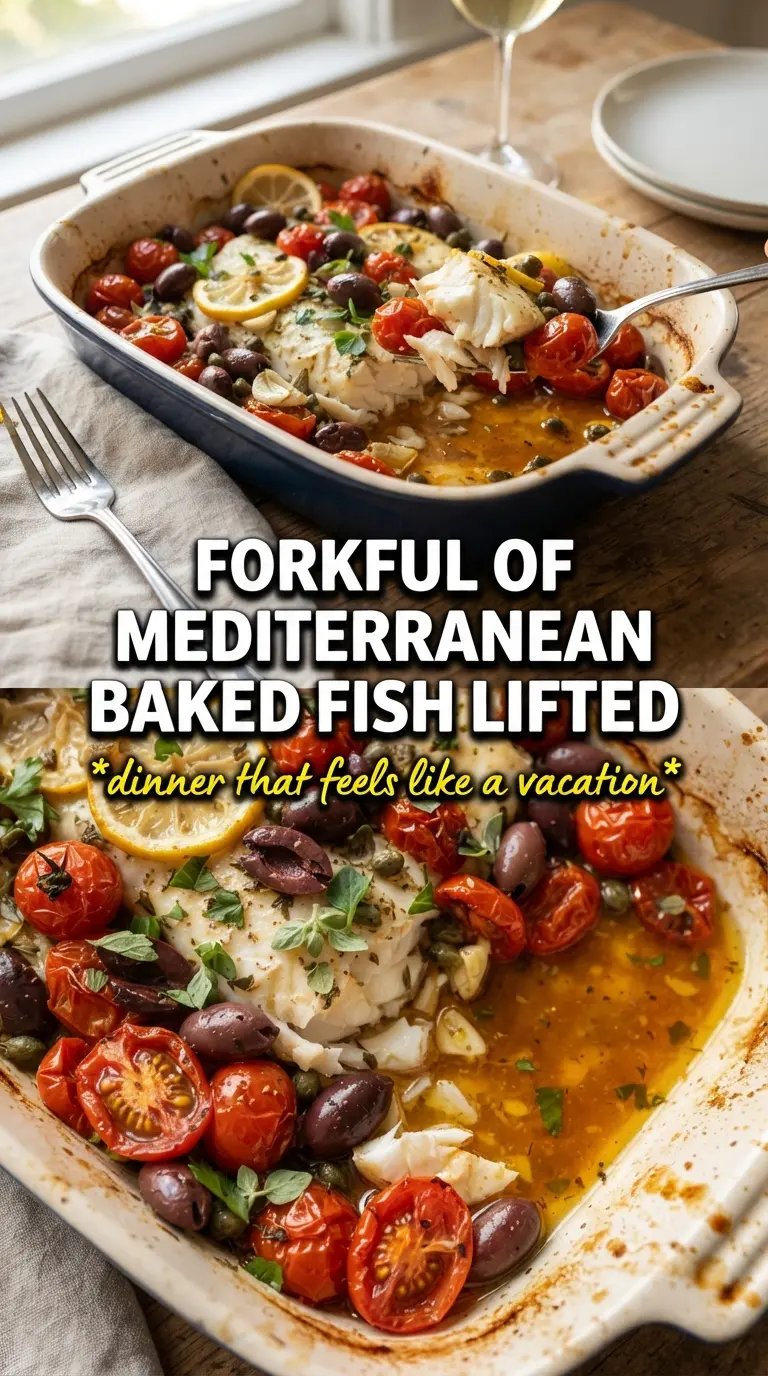 Mediterranean Baked Fish flaky tomatoes, olives, lemon