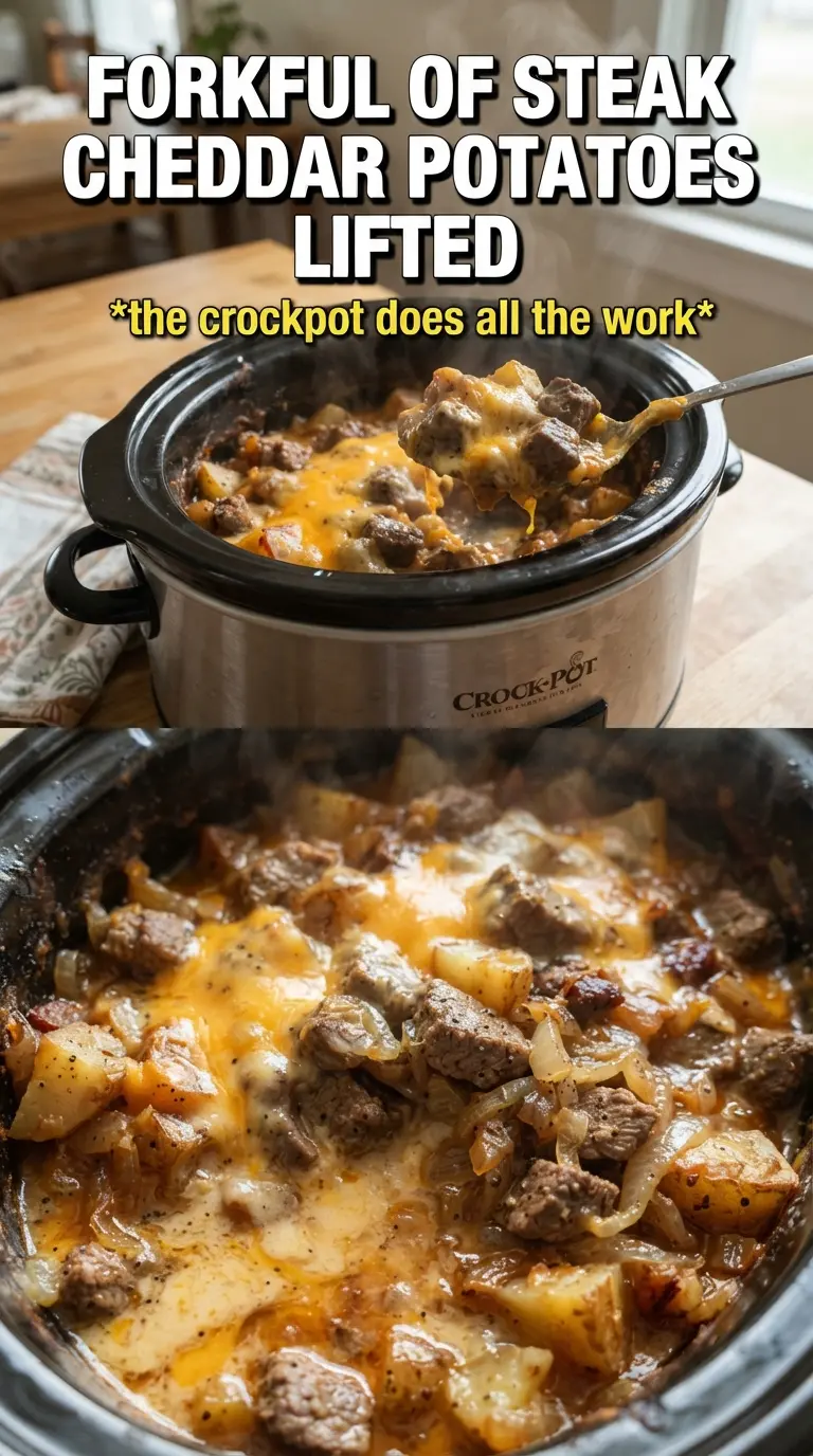 Slow Cooker Steak and Cheddar Potato Casserole hearty cheesy